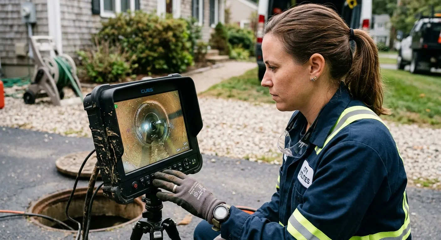 Technician reviewing sewer camera inspection footage in Hutchison