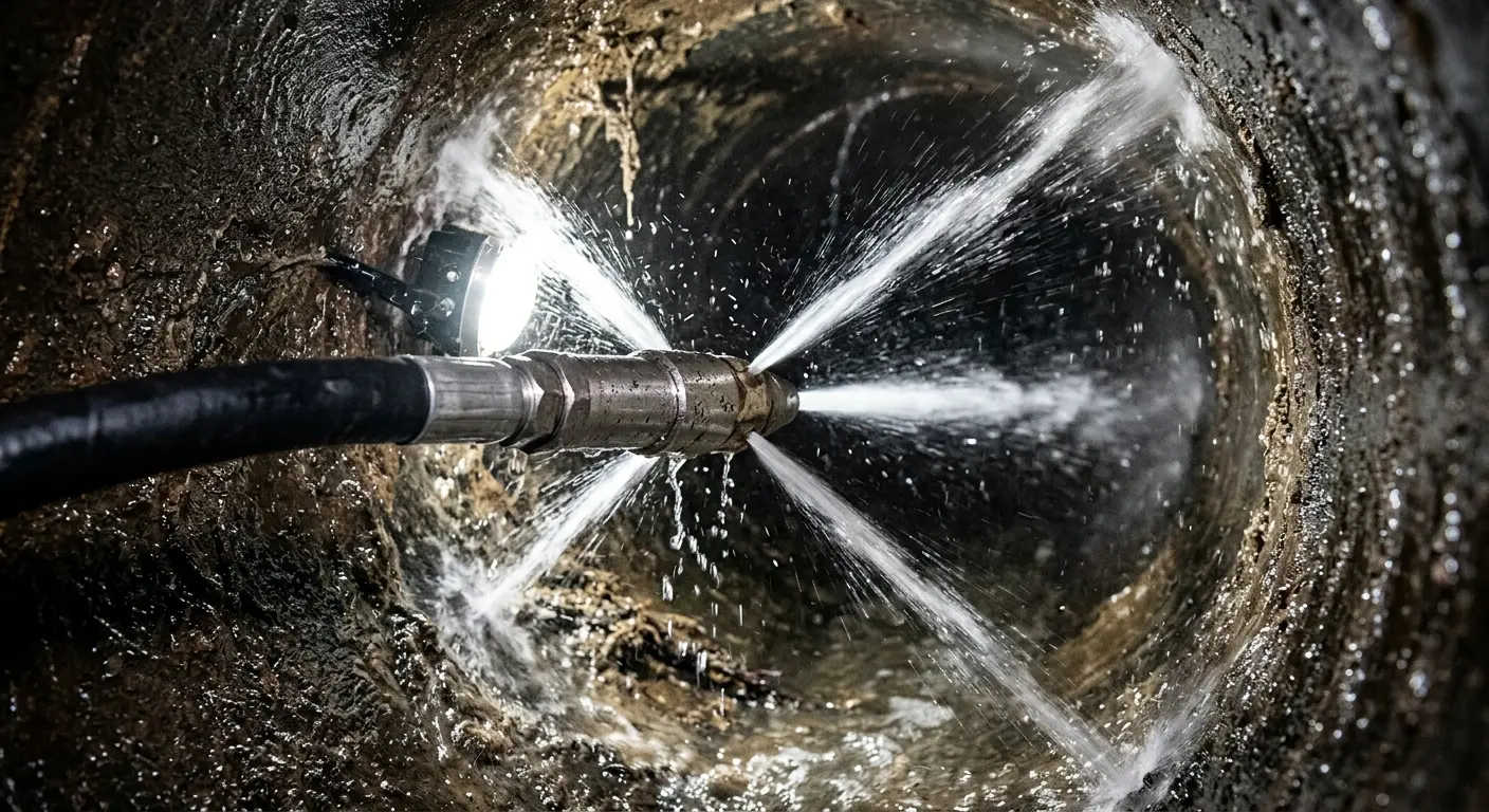 High-pressure hydro jetting nozzle cleaning sewer pipe for Trenchless Sewer Repair in Hutchison
