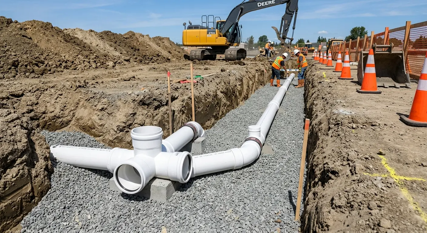 New PVC sewer pipe installation in open trench for Sewer Backup in Hutchison