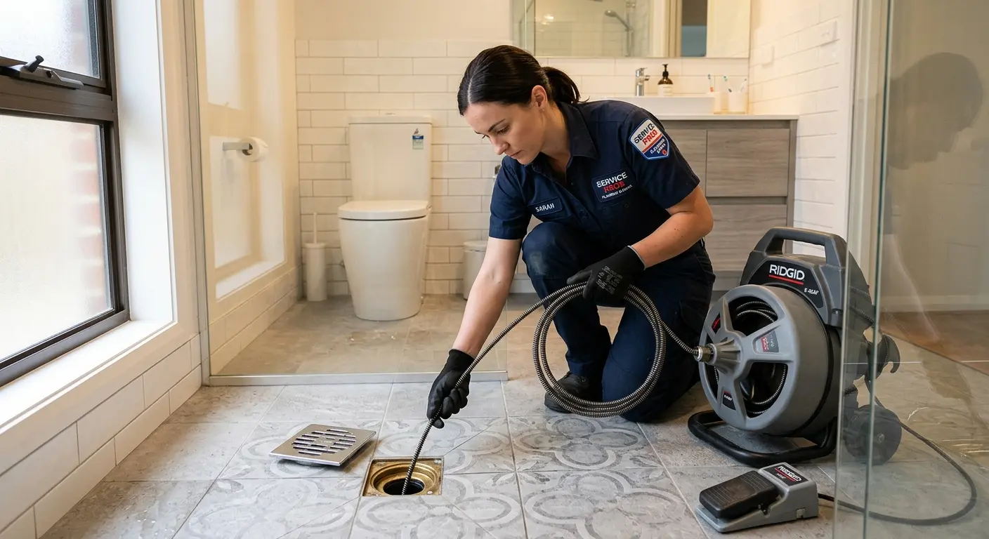 Technician clearing a bathroom floor drain for Drain Cleaning in Hutchison